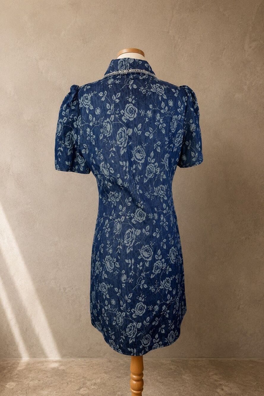 Eliza J Size 10 Denim Floral Shirt Dress Blue Rhinestone Button Front Mini - Picture 6 of 12